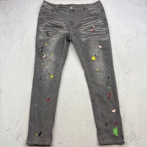 Serenade Jeans Mens 42x34 Gray Picasso Paint Splatter Embroidered Streetwear